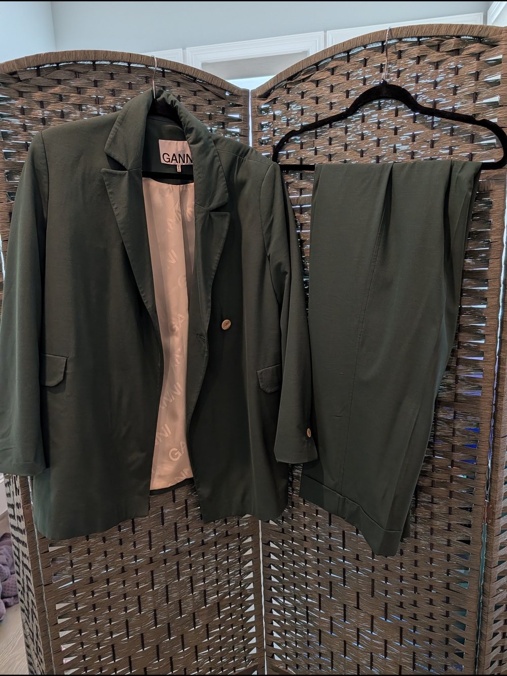 Ganni Olive Green Tailored Blazer & Trousers